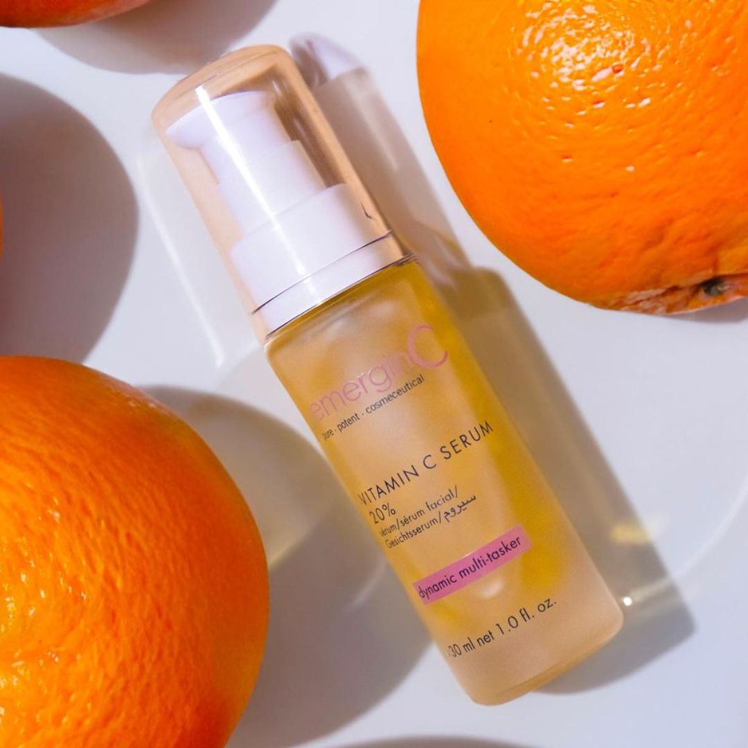 emerginC Dynamic Multi-Tasker Vitamin C 20% Serum Flatlay with Oranges