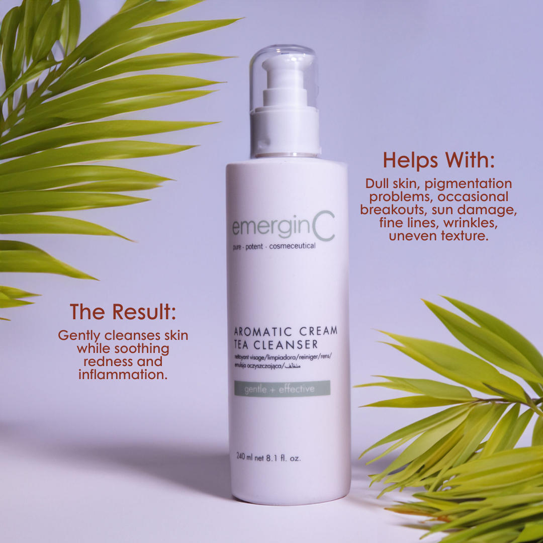 emerginC Aromatic Cream Tea Cleanser 240ml – gentle cleanser with green and white tea extracts.