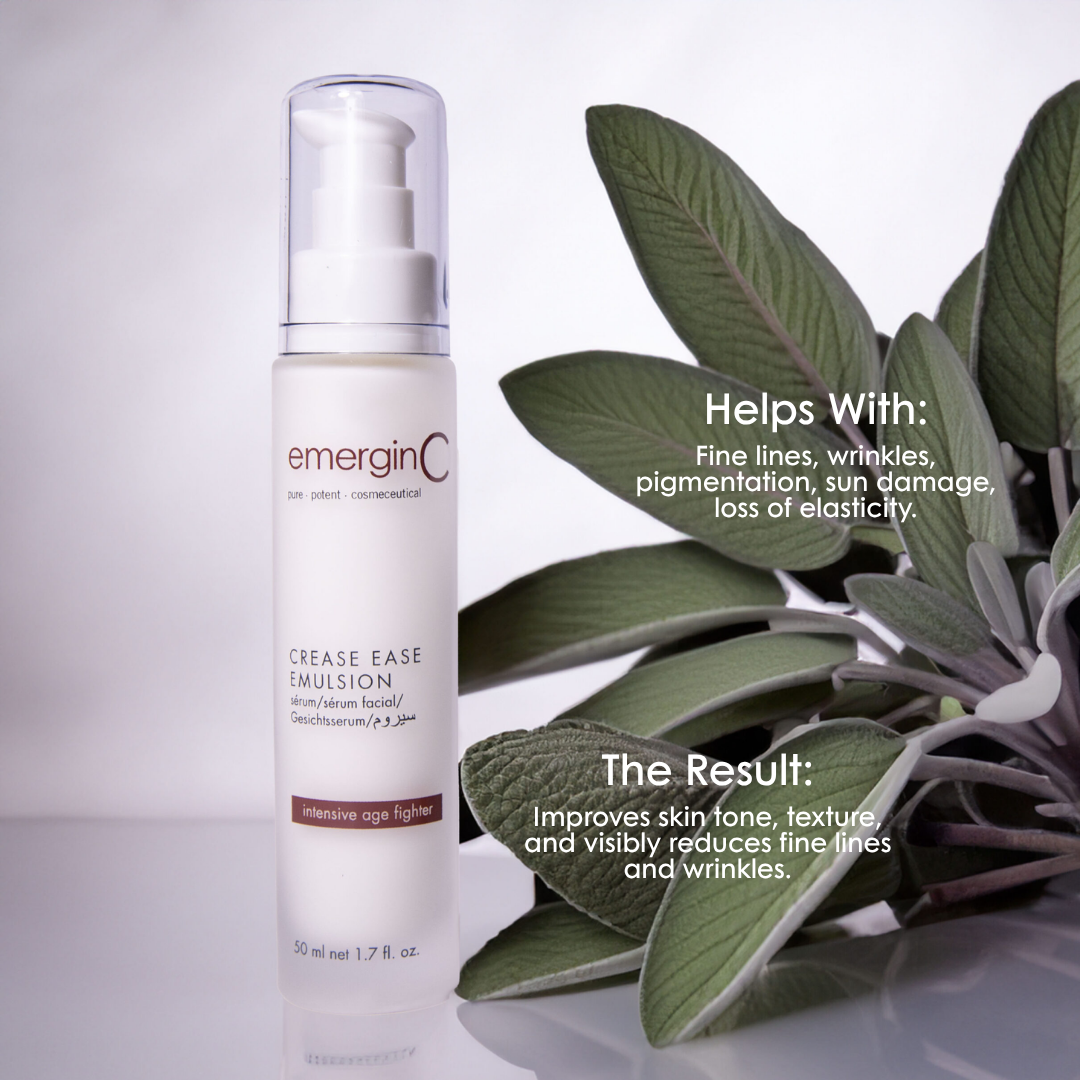 emerginC Australia Crease Ease Emulsion with sage leaves – helps reduce fine lines, wrinkles, and improve skin texture.