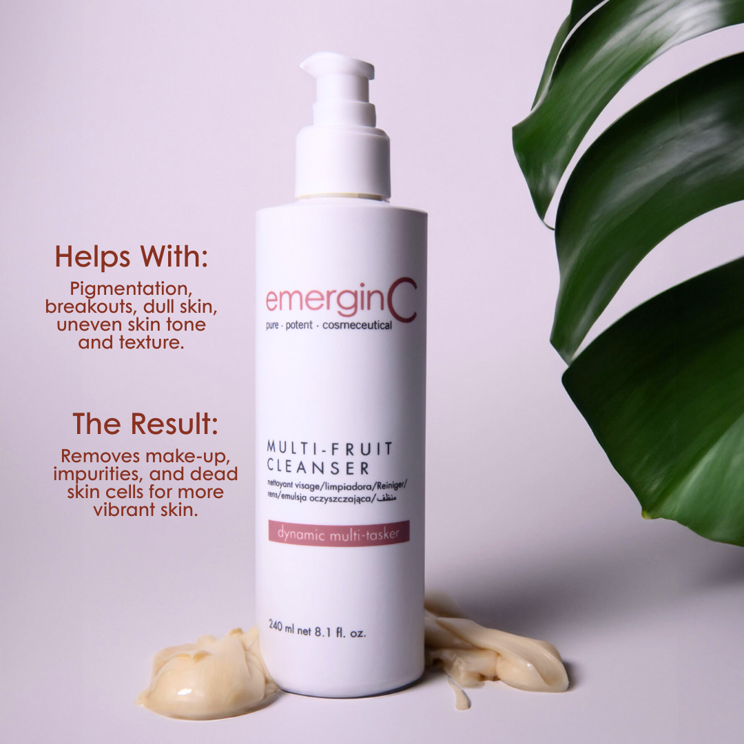 emerginC Multi-Fruit Cleanser – creamy daily cleanser with natural fruit acids for gentle exfoliation.