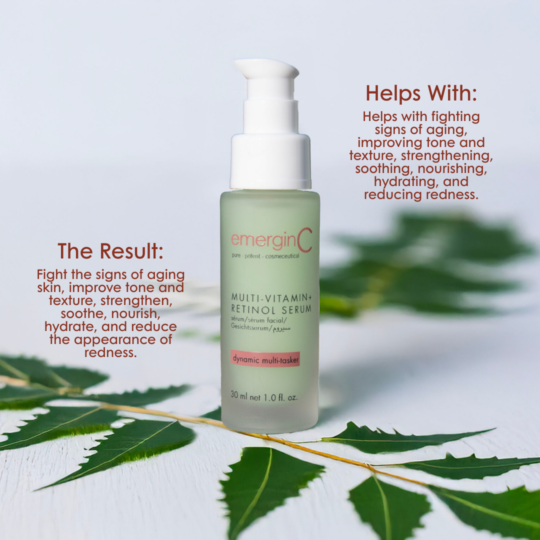 emerginC Multi-Vitamin + Retinol Serum 30ml – vitamin-packed serum to refine texture and support renewal.