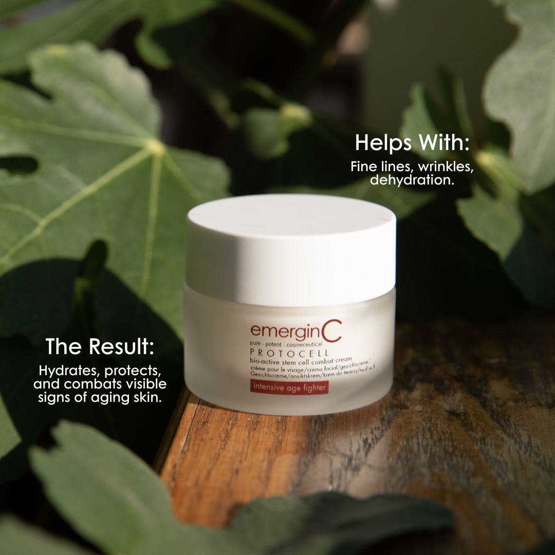 emerginC Australia Protocell Cream with green leaves – hydrates, protects, and combats visible signs of aging skin.