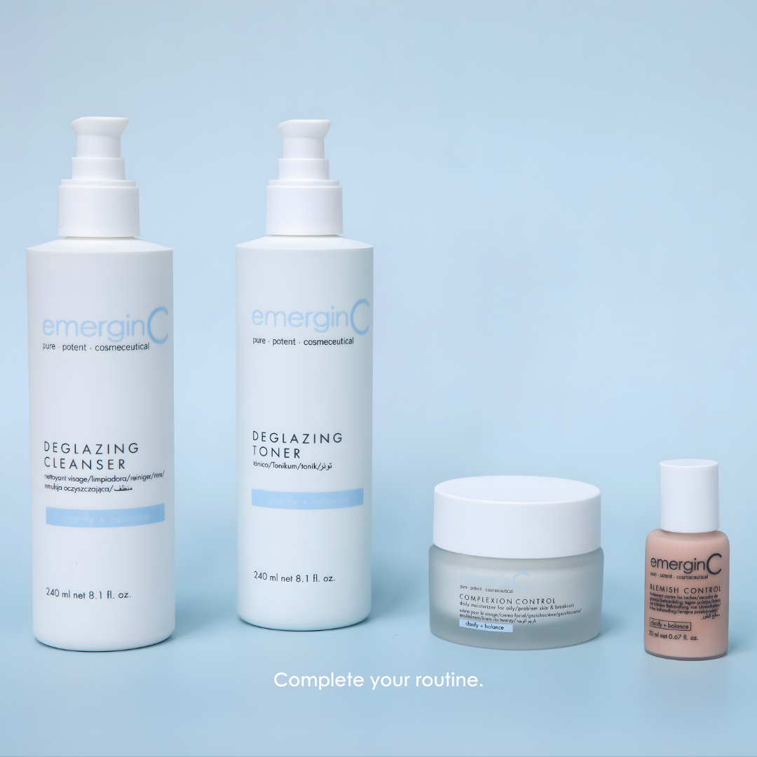 emerginC Clarify + Balance collection featuring Deglazing Cleanser, Deglazing Toner, Complexion Control cream and Tinted Blemish Control treatment.
