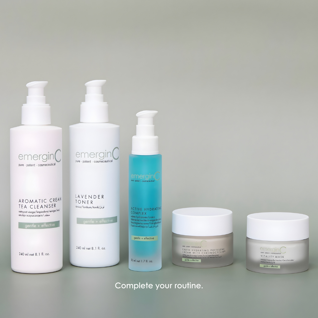 emerginC Gentle + Effective microcollection featuring Aromatic Cream Tea Cleanser, Lavender Toner, Active Hydrating Complex, Earth Hydrating Phytelene Cream and Vitality Mask.