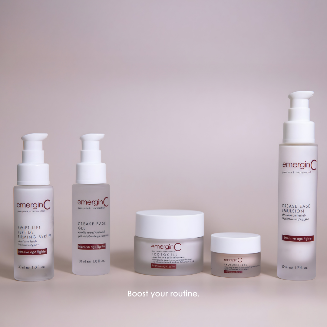 emerginC Intensive Age Fighter collection featuring Swift Lift Peptide Firming Serum, Crease Ease Gel, Crease Ease Emulsion, Protocell face cream and Protocell eye cream – age defying skincare boosters.