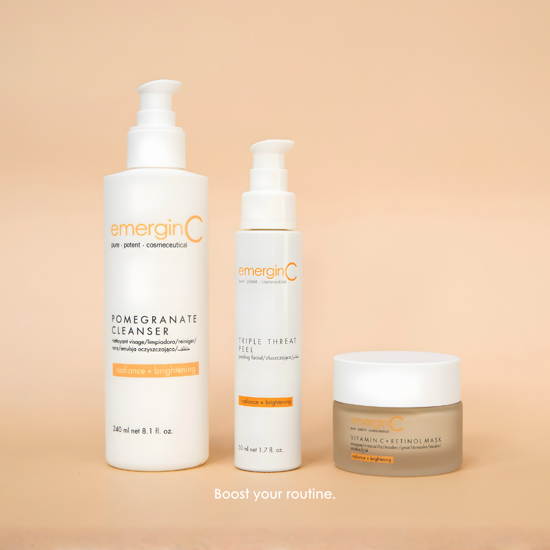emerginC Radiance + Brightening microcollection featuring Pomegranate Cleanser, Triple Threat Peel and Vitamin C + Retinol Mask for glowing, radiant skin.