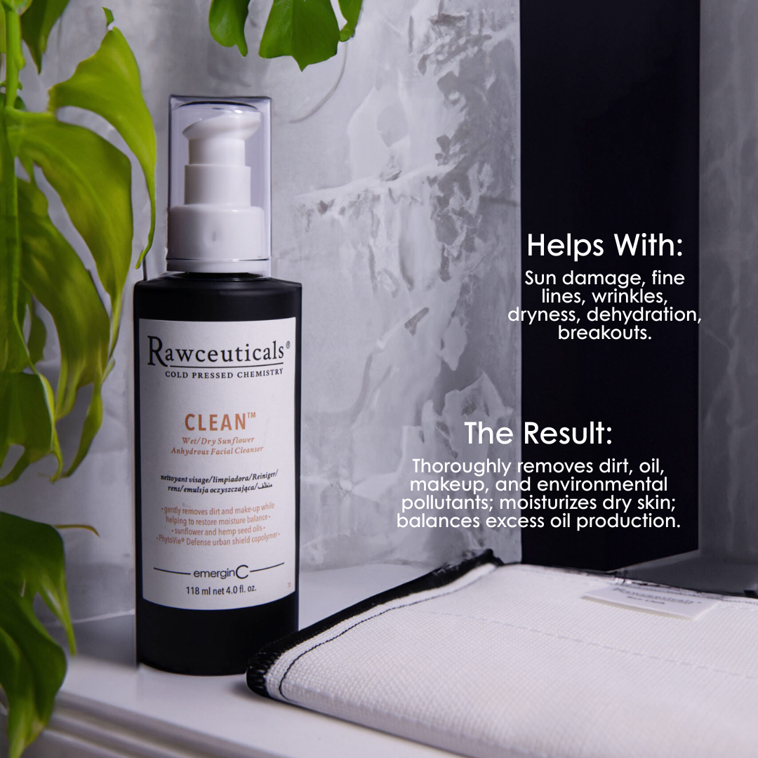 emerginC Rawceuticals CLEAN Oil Cleanser bottle with text about product benefits on a neutral background