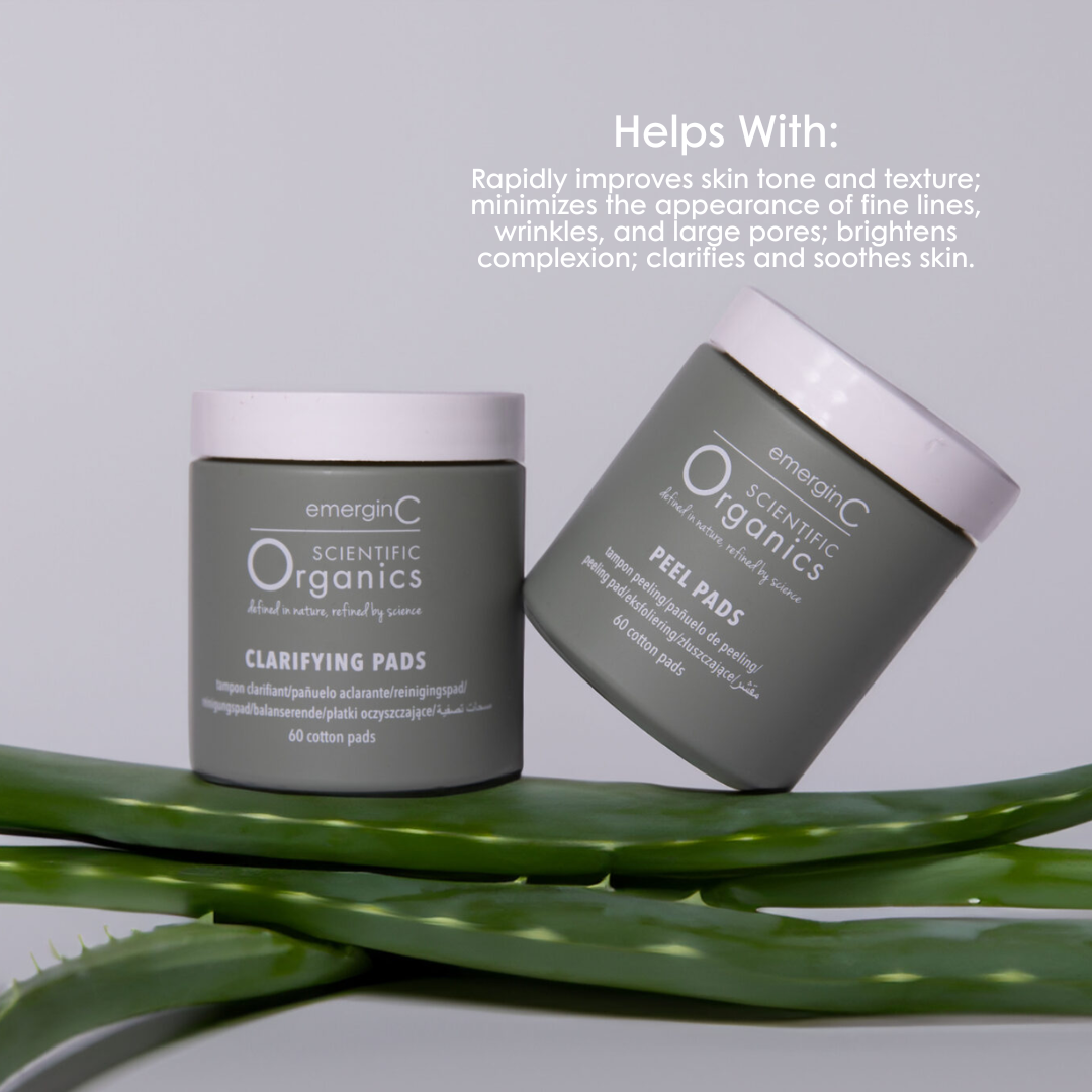 At-home facial peel + clarifying kit from emerginC Scientific Organics on a white background with green leaves.