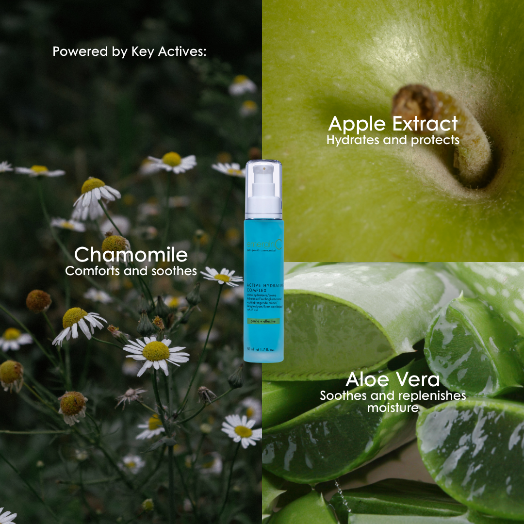 Key ingredients in emerginC Active Hydrating Complex: chamomile, apple extract and aloe vera.