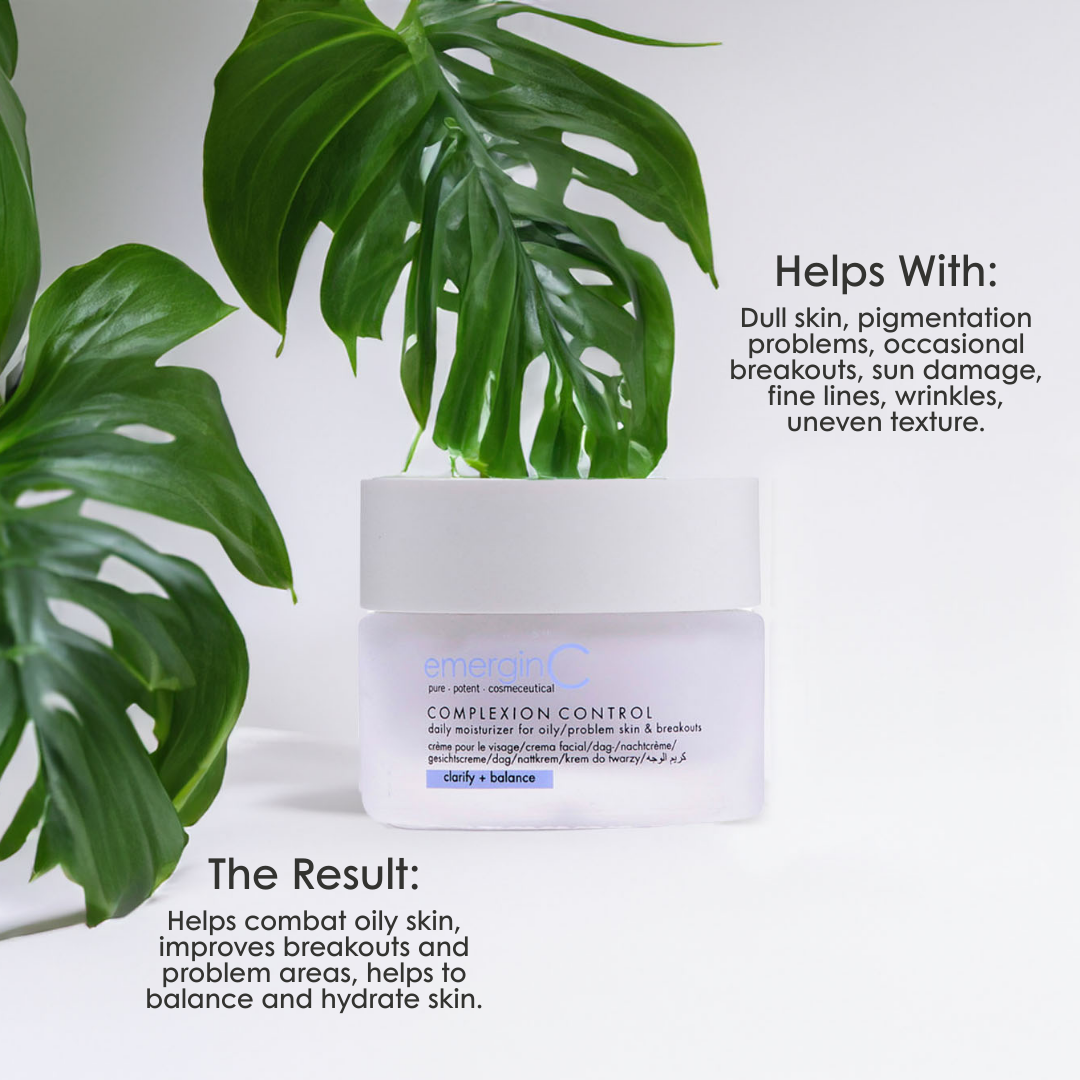 emerginC Complexion Control moisturiser for oily and breakout-prone skin with tropical leaves on a white background. Helps balance oil, reduce breakouts and improve uneven skin texture.