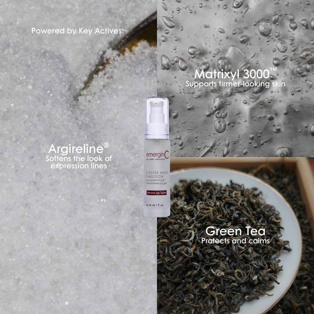 Key ingredients in emerginC Crease Ease Emulsion: Argireline, Matrixyl 3000 and green tea.
