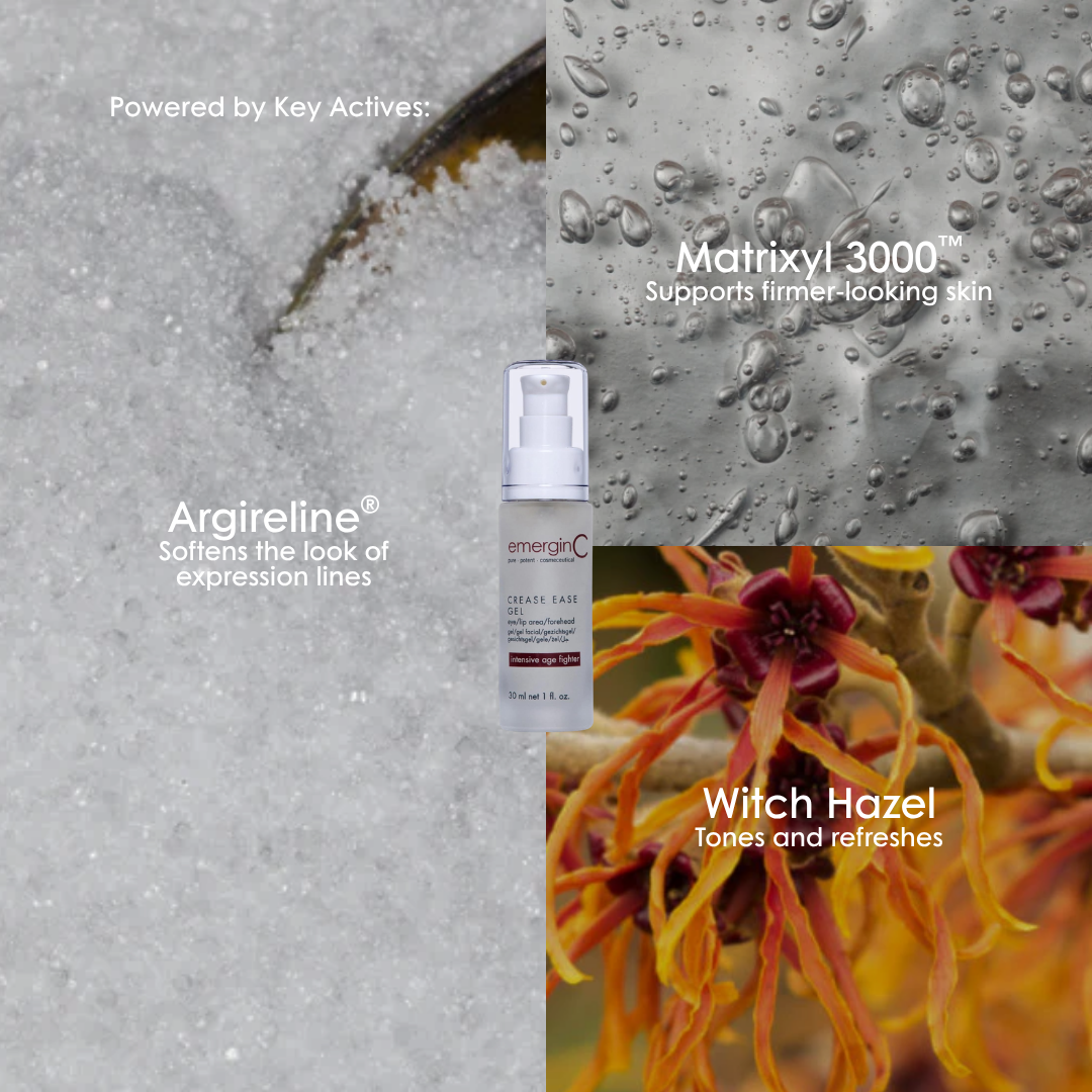 Key ingredients in emerginC Crease Ease Gel: witch hazel, Argireline and Matrixyl 3000.