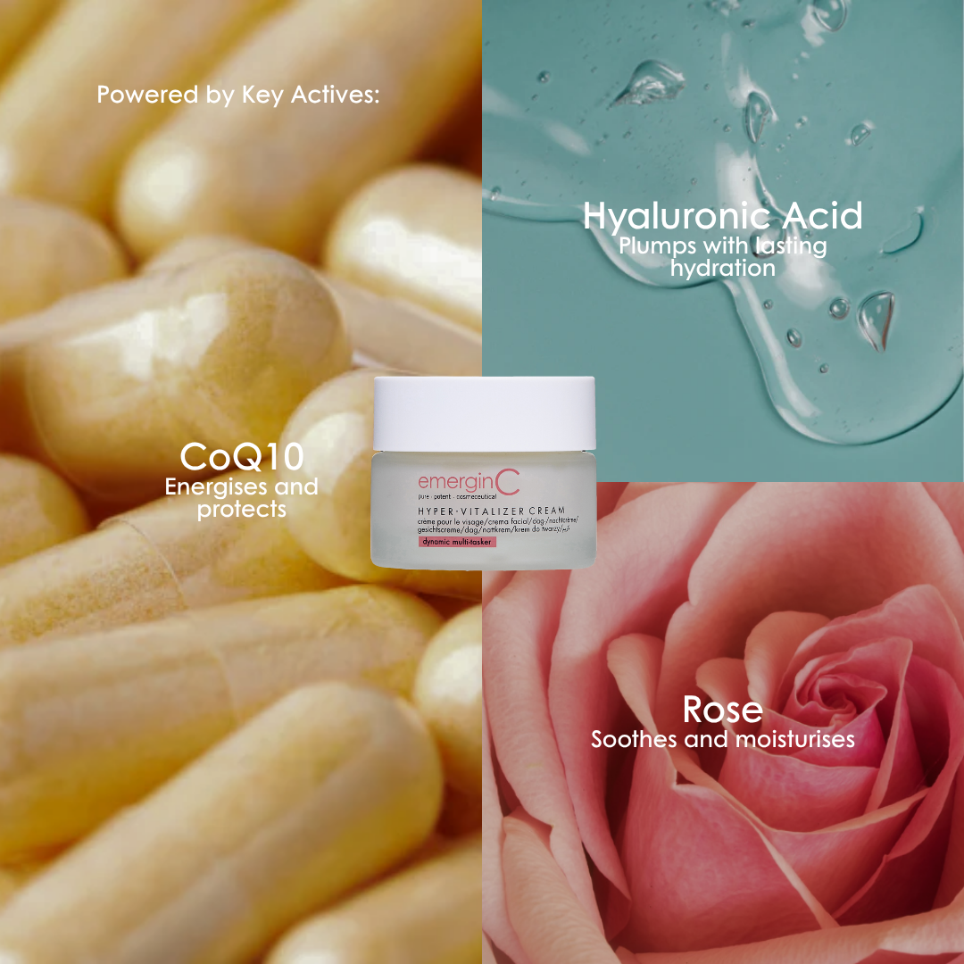 Key ingredients in emerginC Hyper-Vitalizer Cream: coenzyme Q10, hyaluronic acid and rose extract.