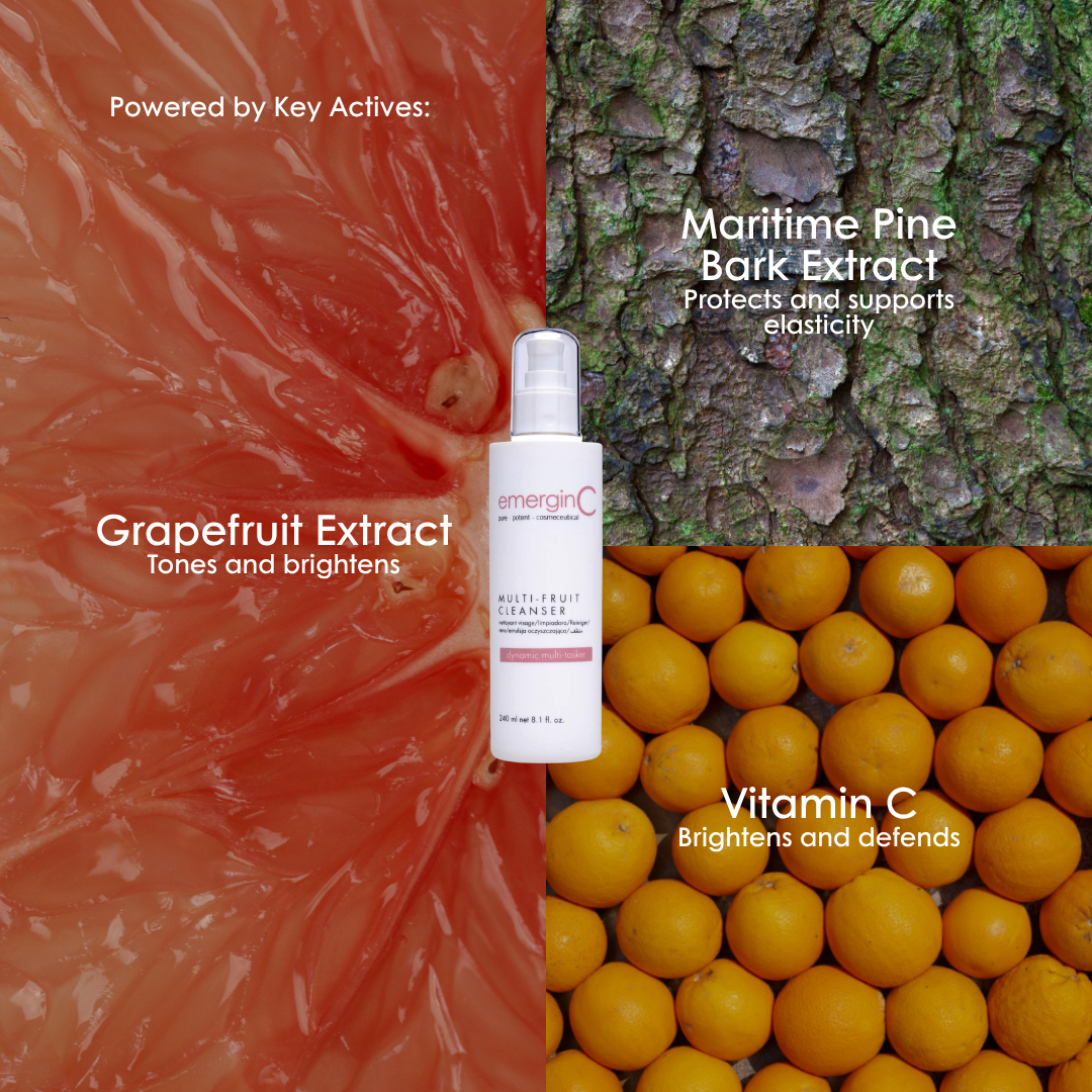 Key ingredients in emerginC Multi-Fruit Cream Cleanser: grapefruit extract, maritime pine bark and vitamin C.