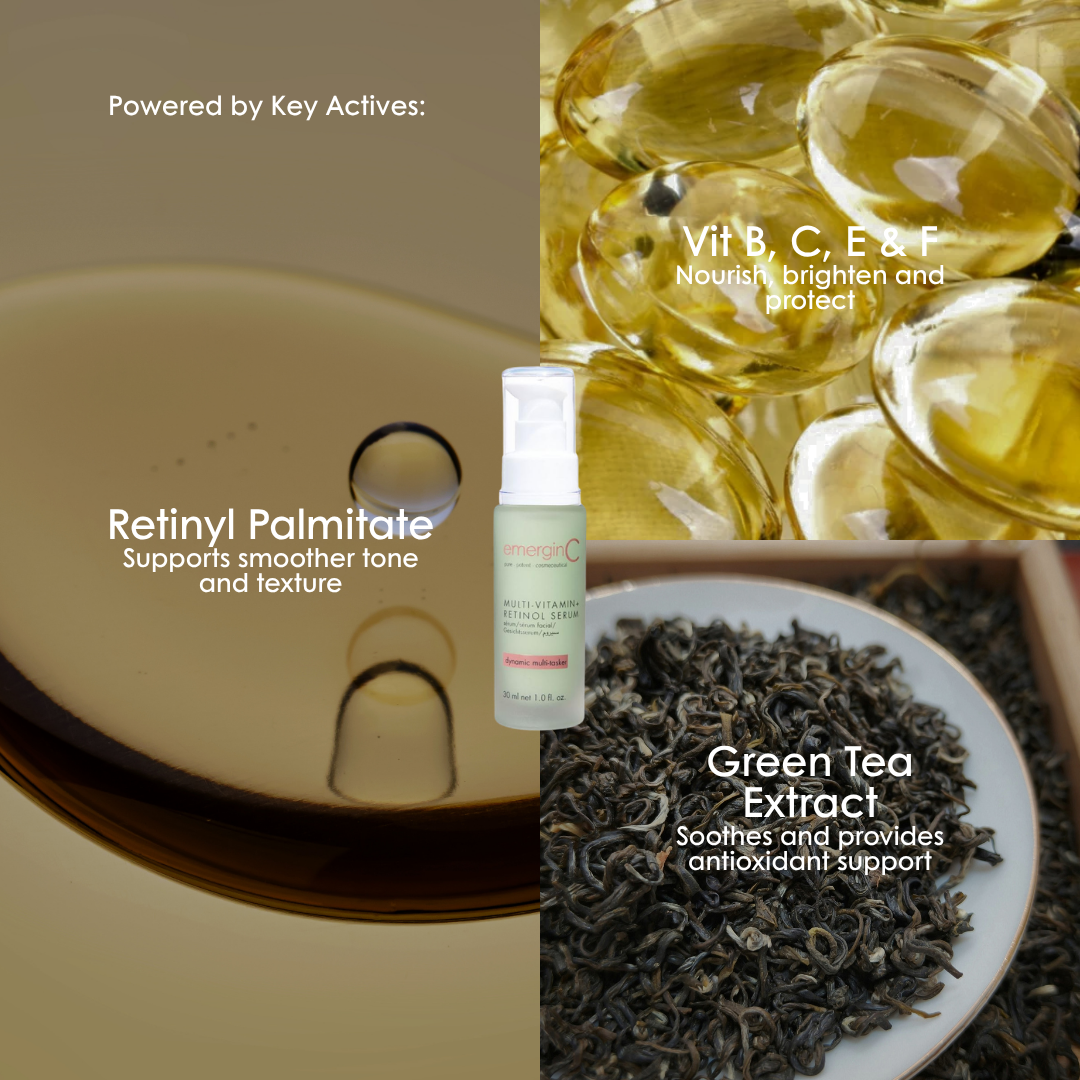 Key ingredients in emerginC Multi-Vitamin + Retinol Serum: retinyl palmitate, vitamins B, C, E and F, and green tea.