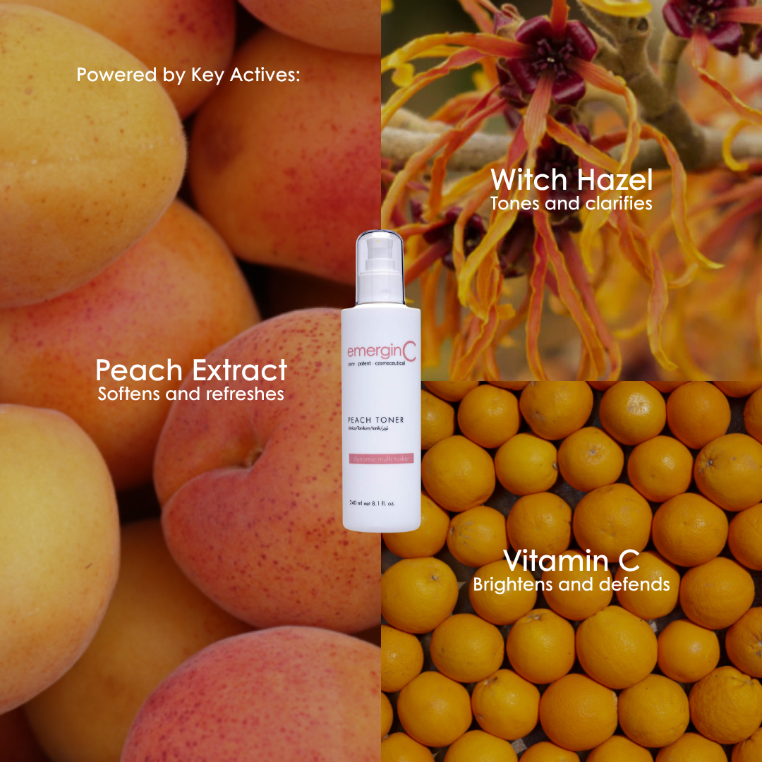 Key ingredients in emerginC Peach Toner: peach extract, vitamin C and witch hazel.