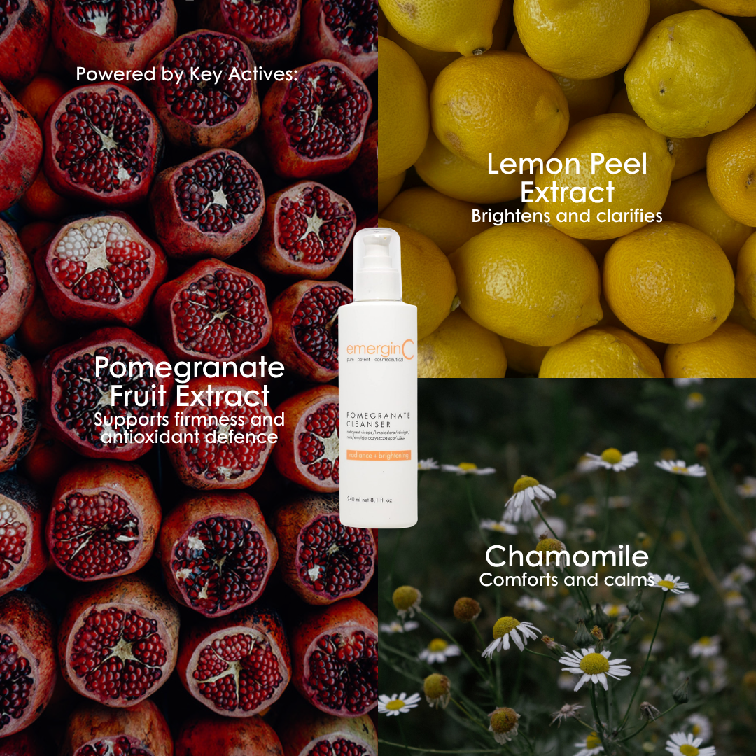 Key ingredients in emerginC Pomegranate Gel Cleanser: pomegranate, lemon peel and chamomile extracts.