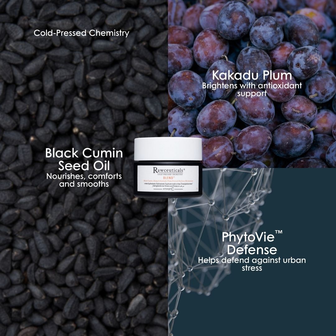 emerginC Australia key actives in Rawceuticals Blend: black cumin seed oil, Kakadu plum and PhytoVie Defense.