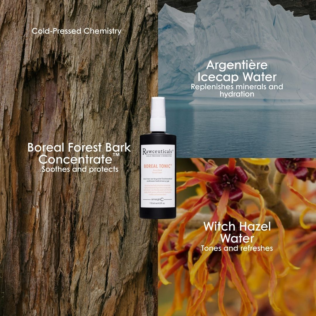 emerginC Australia key actives in Rawceuticals Boreal Tonic: Boreal Forest Bark Concentrate, Argentière icecap water and witch hazel.