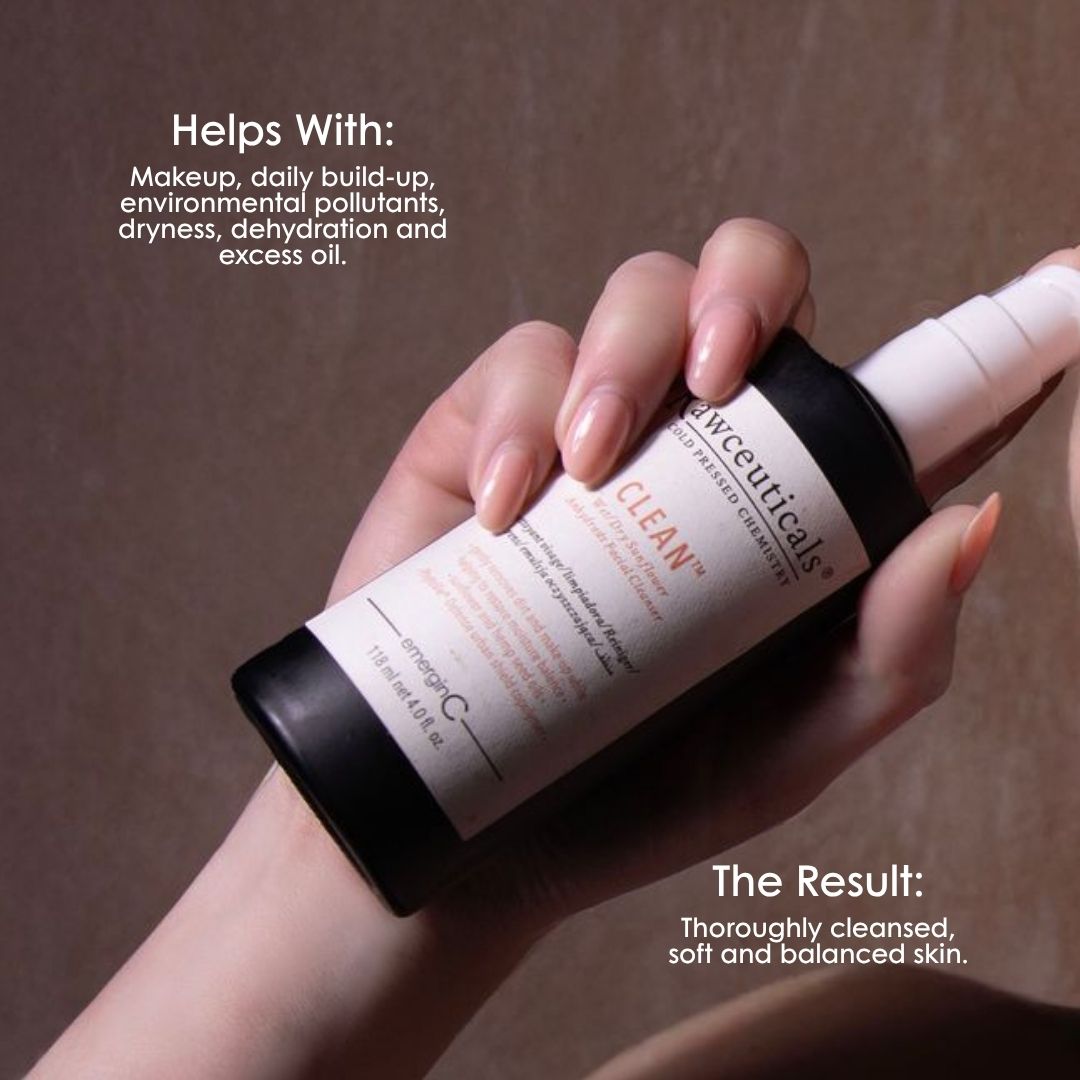 emerginC Australia Rawceuticals cleansing oil for makeup, excess oil, dryness and environmental build-up, leaving skin thoroughly cleansed, soft and balanced.