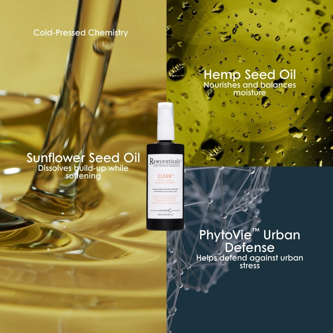 emerginC Australia key actives in Rawceuticals Clean Oil Cleanser: sunflower seed oil, hemp seed oil and PhytoVie Urban Defense.