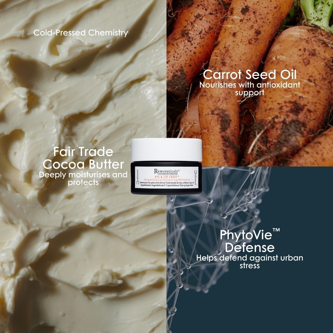 emerginC Australia ky actives in Rawceuticals Eye and Lip Craft: fair trade virgin cocoa butter, carrot seed oil and PhytoVie Defense.