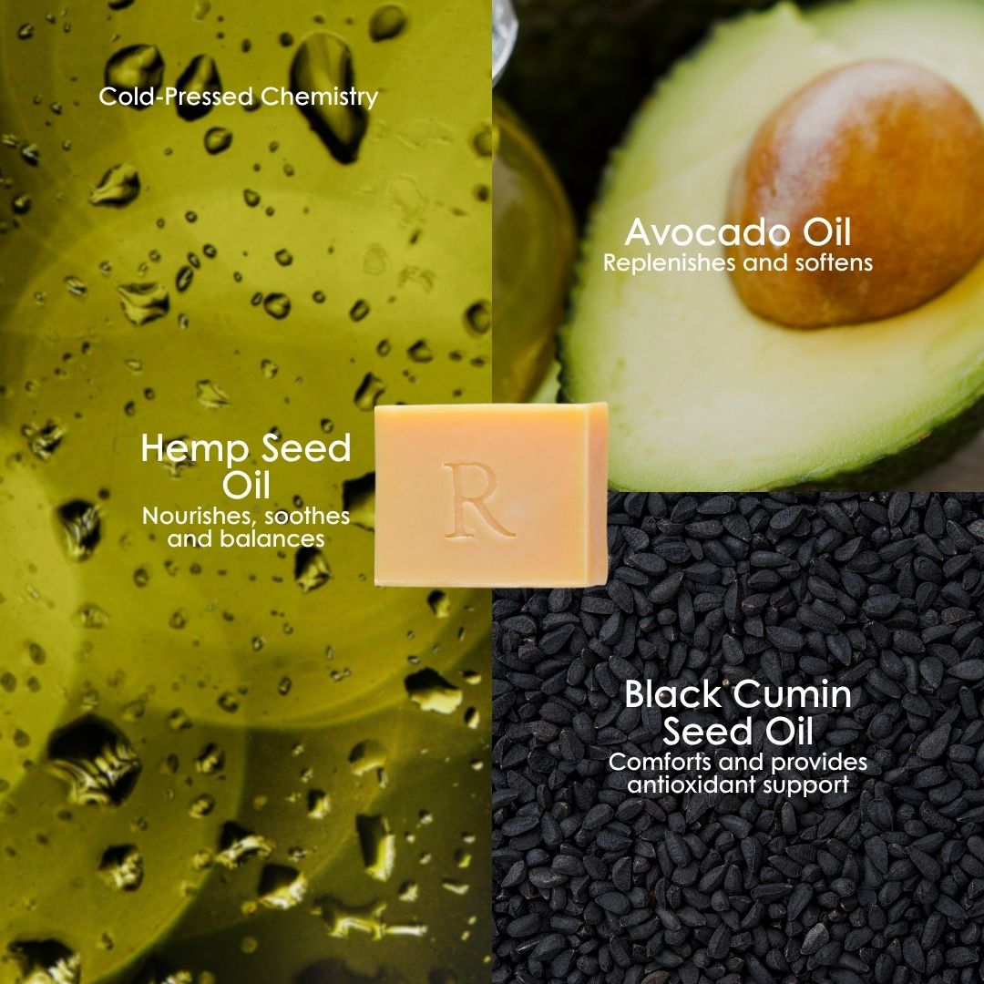 emerginC Australia key actives in the Rawceuticals Raw Body Bar: hemp seed oil, avocado oil and black cumin seed oil.