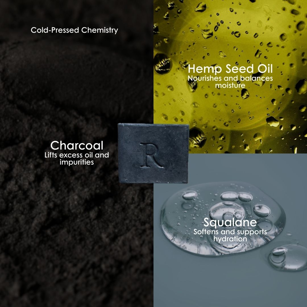 emerginC Australia key actives in the Rawceuticals Raw Facial Bar: charcoal, hemp seed oil and squalane.