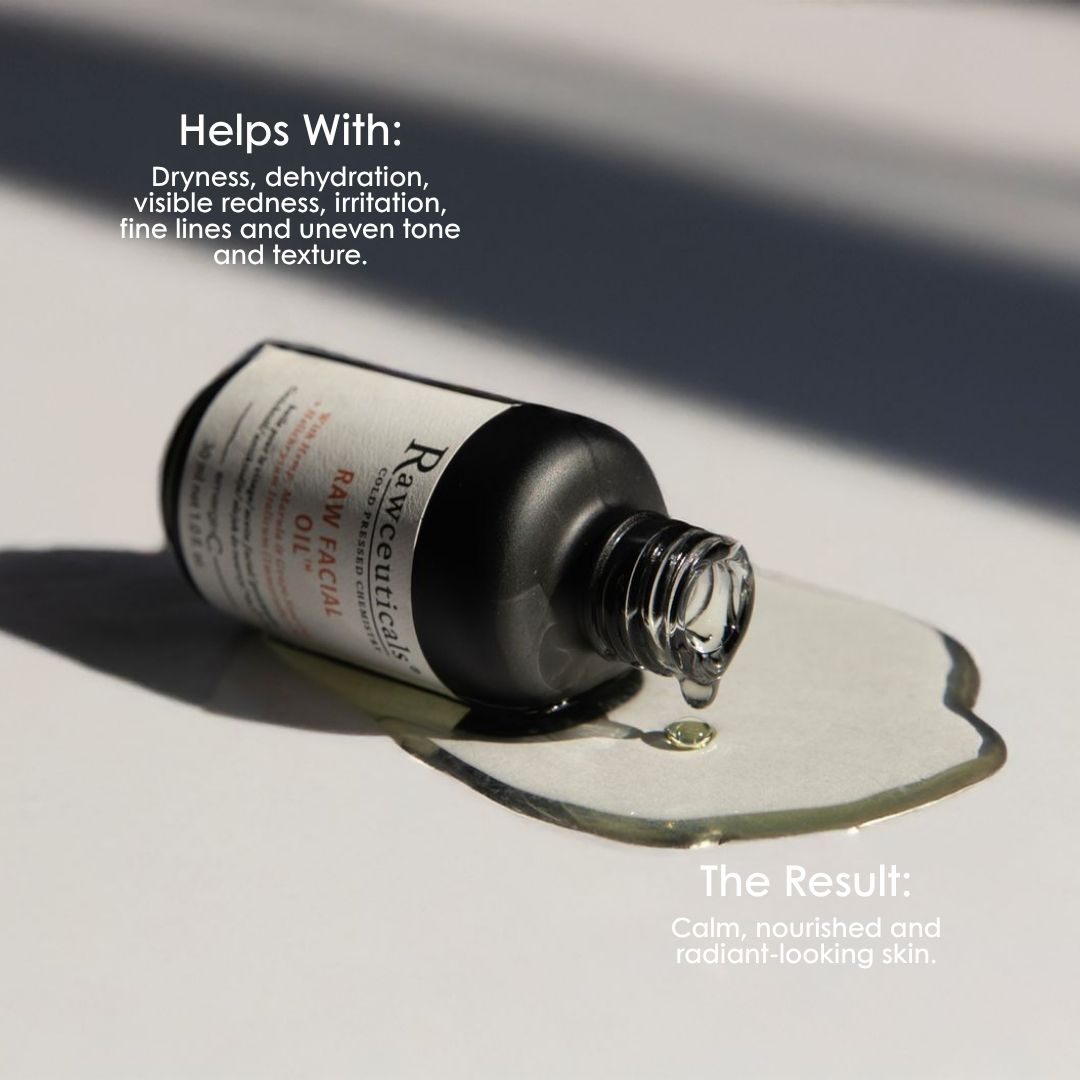 emerginC Australia Rawceuticals facial oil for dryness, dehydration, visible redness and fine lines, leaving skin calm, nourished and radiant-looking.