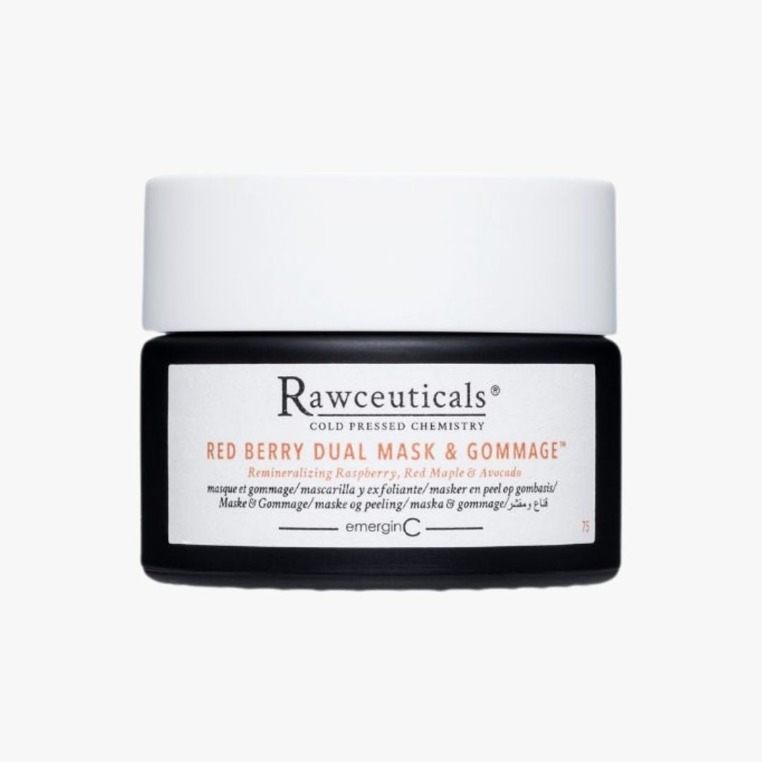 emerginC Australia Rawceuticals Red Berry Dual Mask and Gommage in its black product jar.