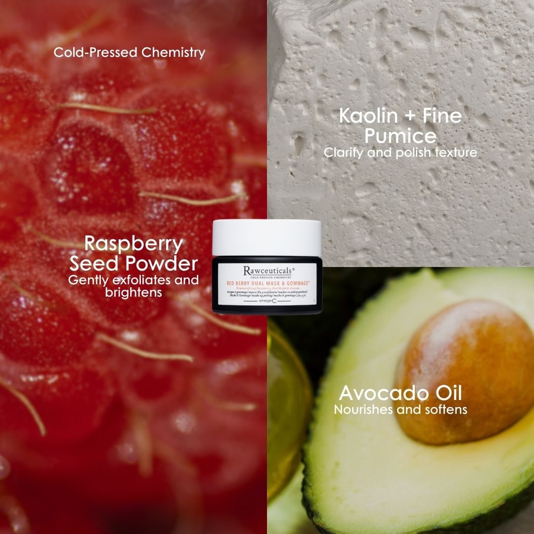 emerginC Australia key actives in Rawceuticals Red Berry Dual Mask and Gommage: raspberry seed powder, kaolin and finely milled pumice, and avocado oil.