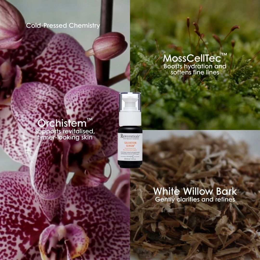 emerginC Australia key actives in Rawceuticals Salvation Serum: Orchistem, MossCellTec and white willow bark.