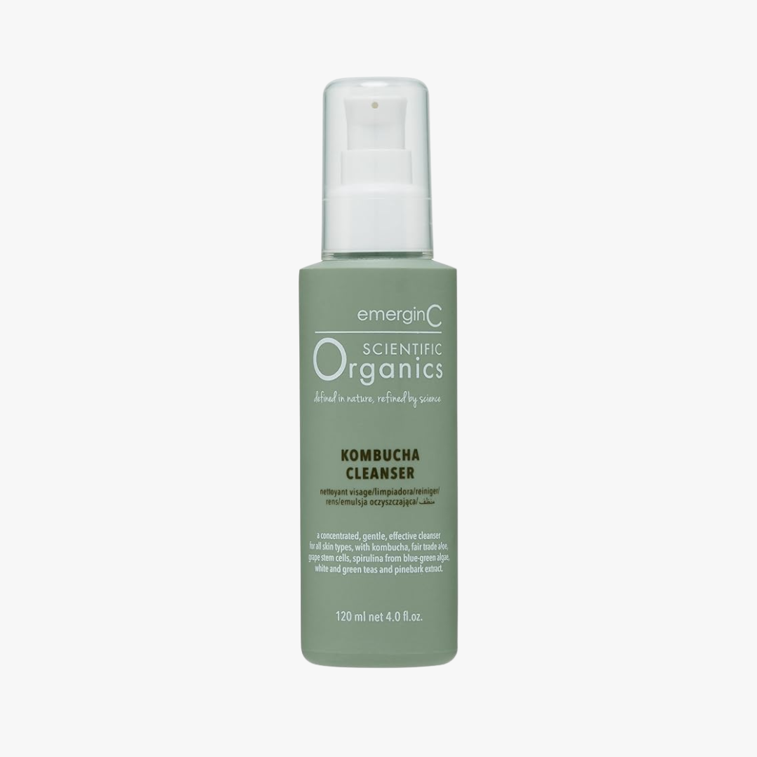 emerginC Scientific Organics Kombucha Cleanser 120ml with grape stem cells facial cleanser bottle on a white background.