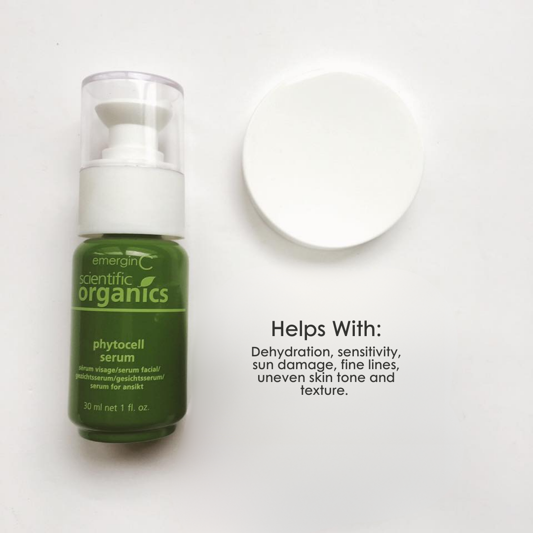 emerginC Scientific Organics Phytocell Serum 30ml bottle on a white background with cap beside the product.