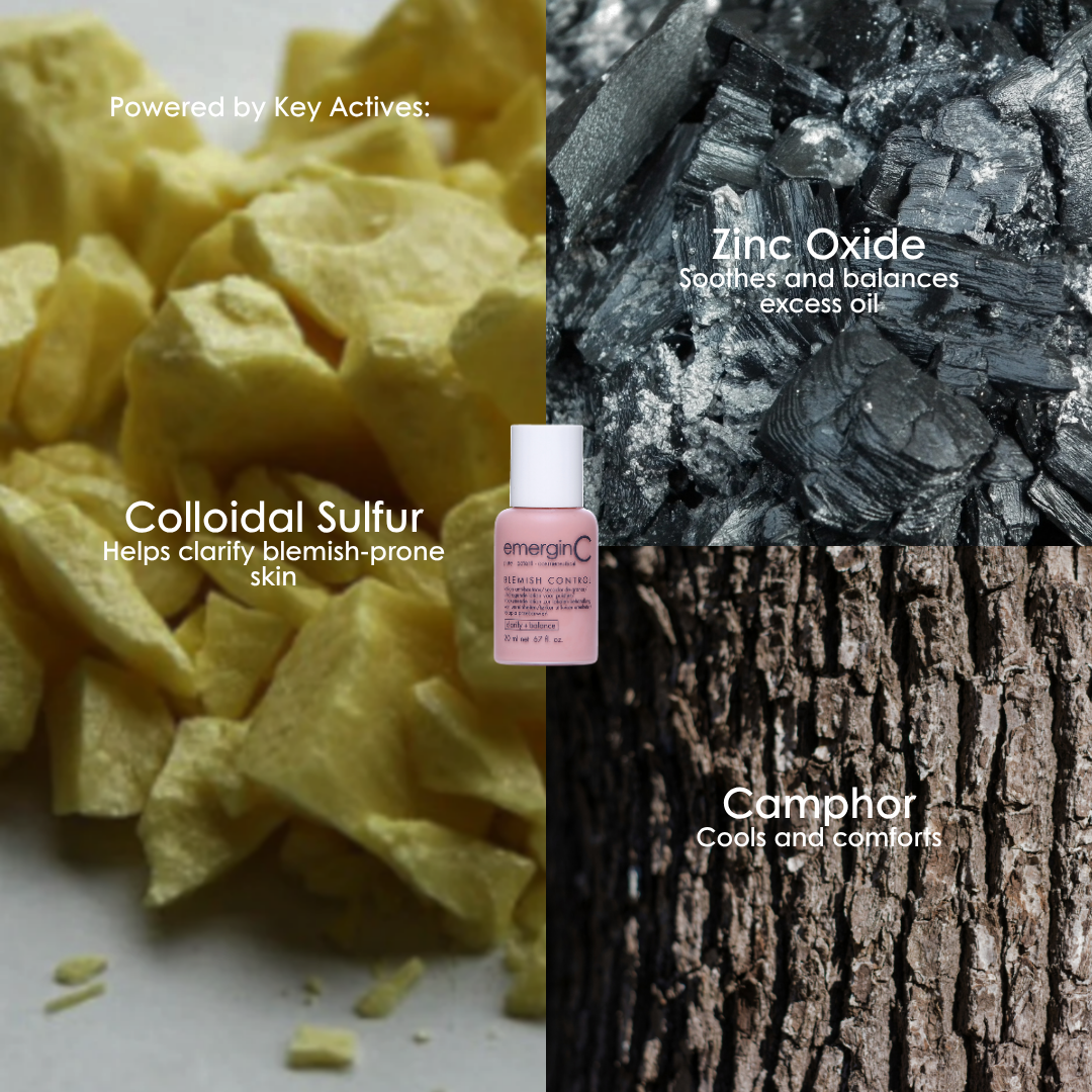 Key ingredients in emerginC Tinted Blemish Control: colloidal sulfur, zinc oxide and camphor.
