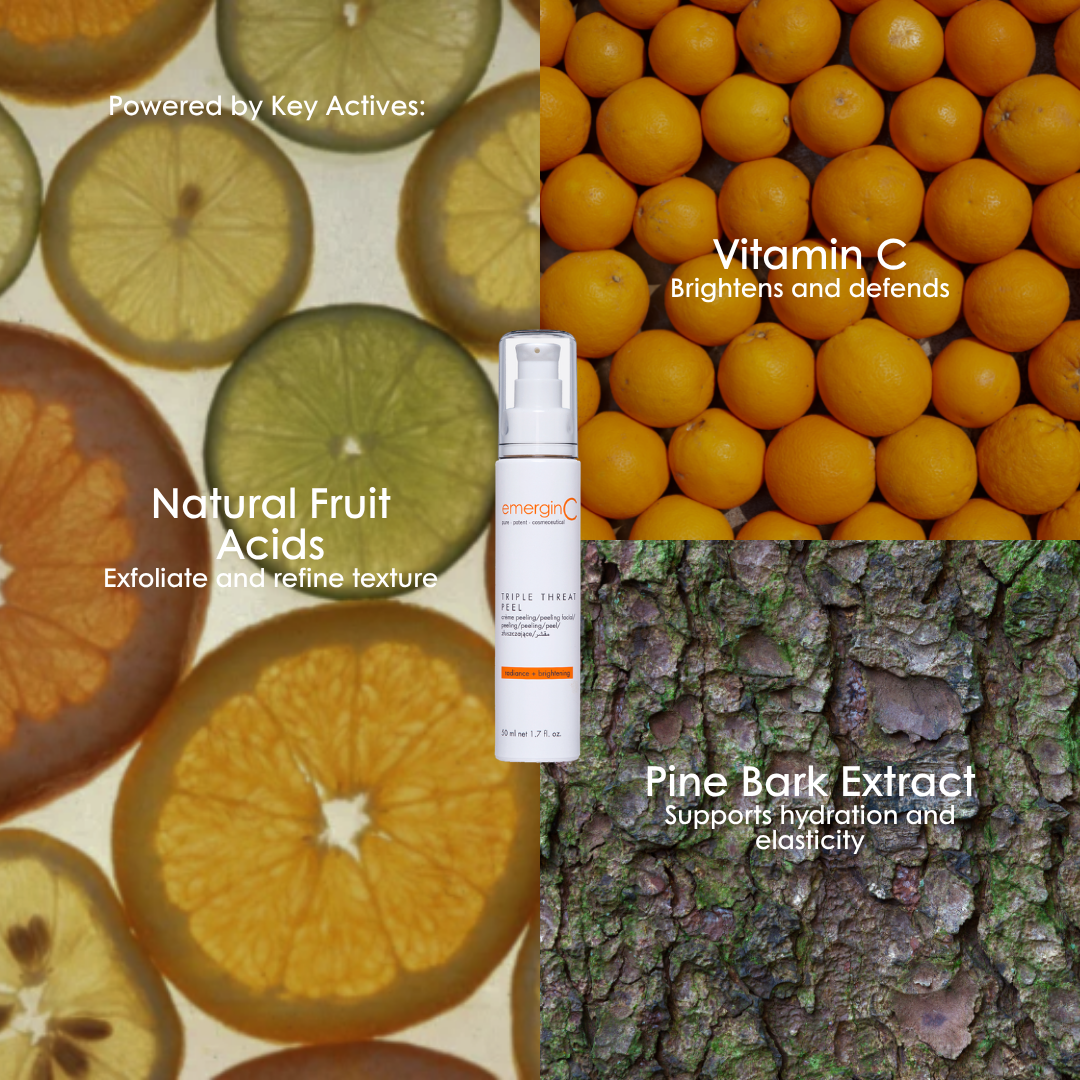 Key ingredients in emerginC Triple Threat Peel: natural fruit acids, vitamin C and pine bark extract.