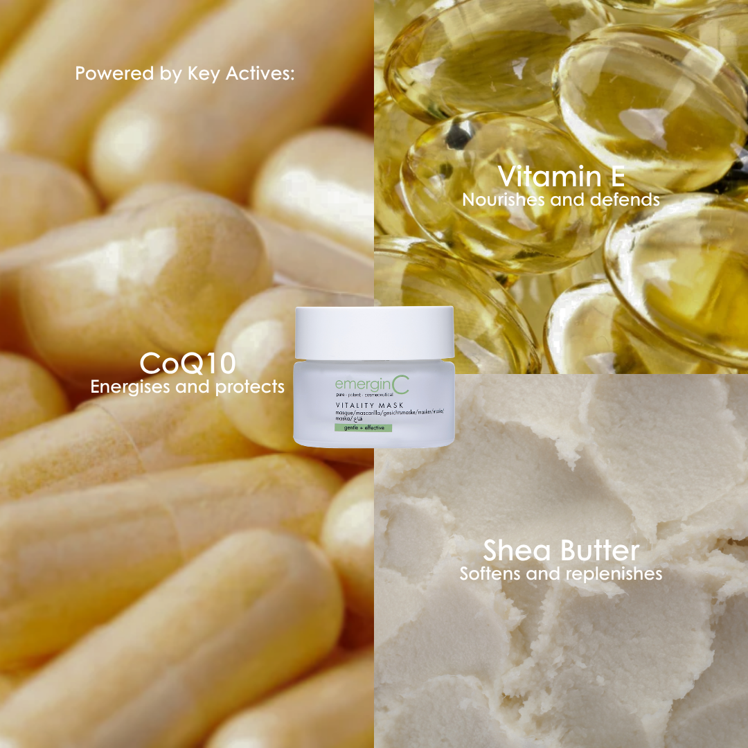 Key ingredients in emerginC Vitality Mask: coenzyme Q10, vitamin E and shea butter.