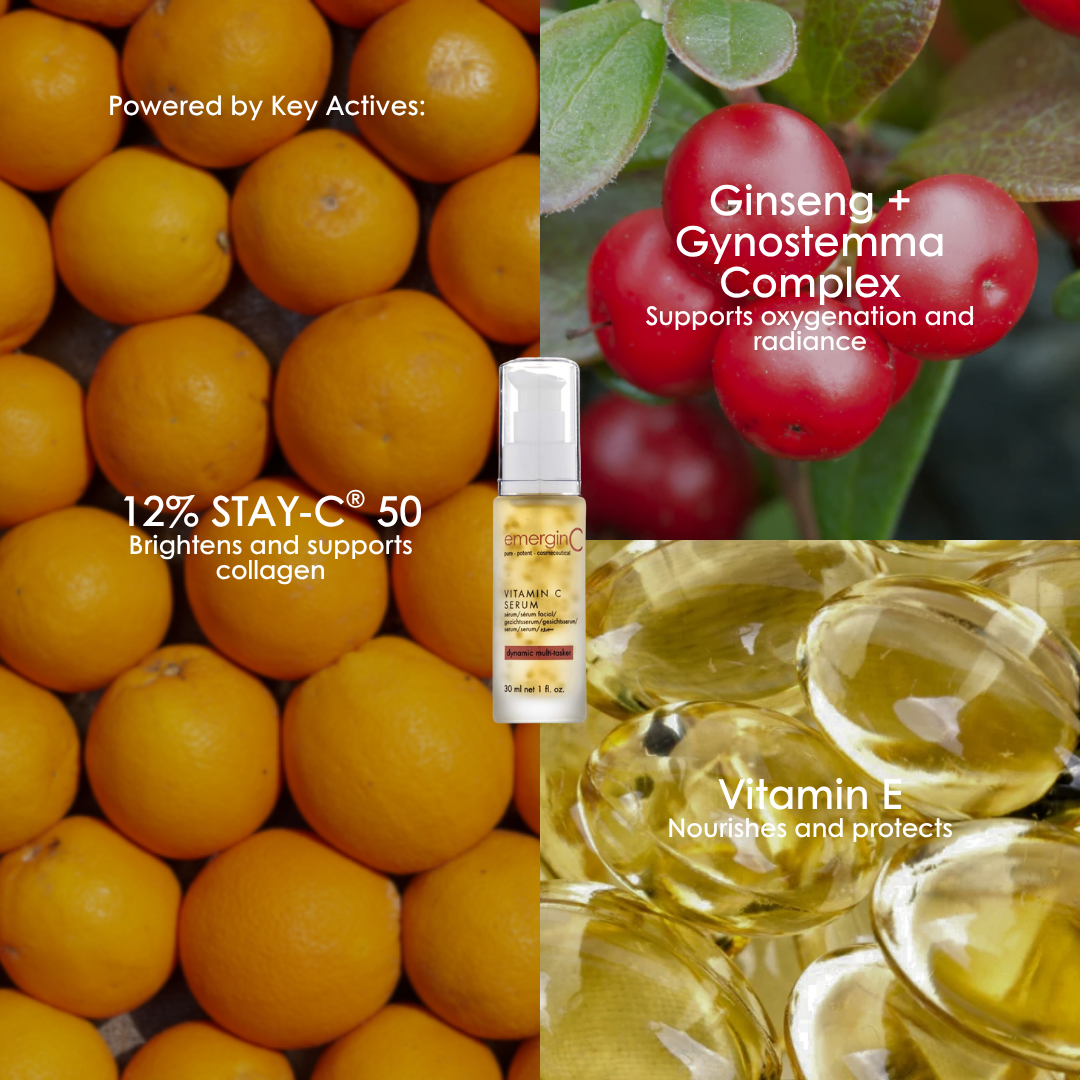 Key ingredients in emerginC Vitamin C Serum 12%: STAY-C 50, ginseng and gynostemma complex, and vitamin E.