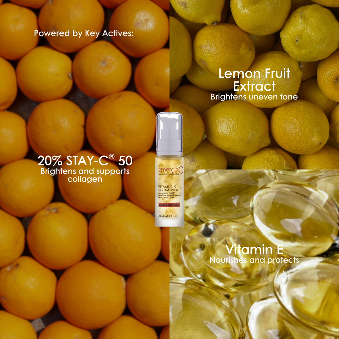 Key ingredients in emerginC Vitamin C Serum 20%: STAY-C 50, lemon fruit extract and vitamin E.