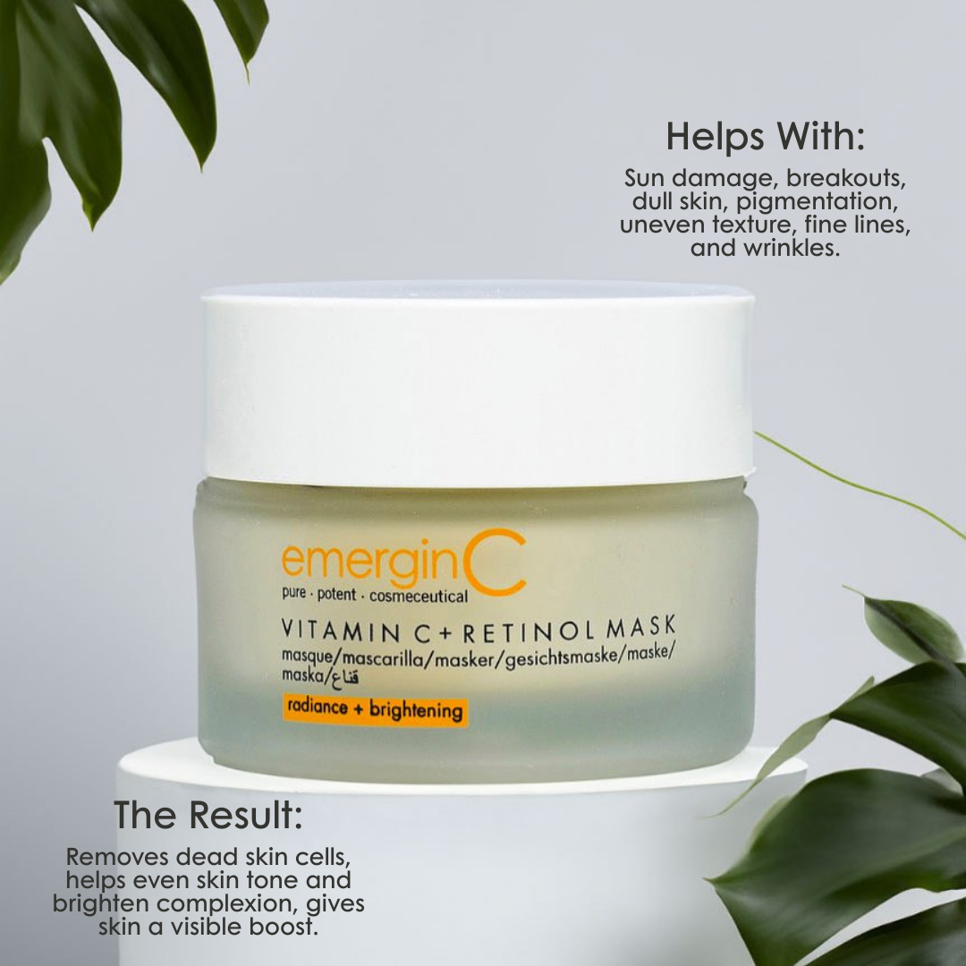 emerginC Vitamin C + Retinol Mask brightening facial treatment mask on pedestal with botanical leaves. Helps remove dead skin cells, improve tone and brighten complexion.