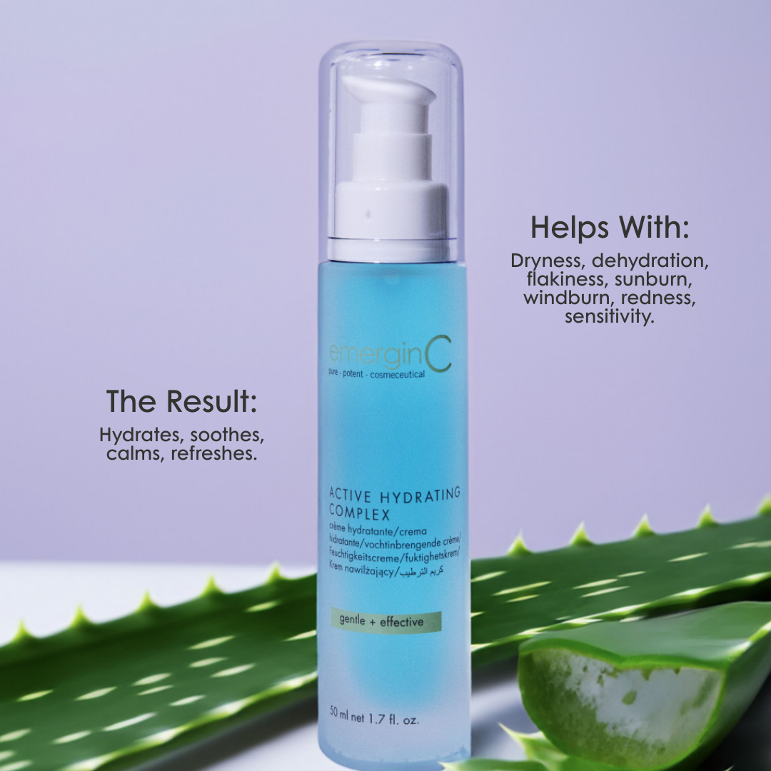 emerginC Active Hydrating Complex 50ml hydrating facial serum with aloe leaf background. Helps soothe dryness, dehydration, redness and sensitive skin.