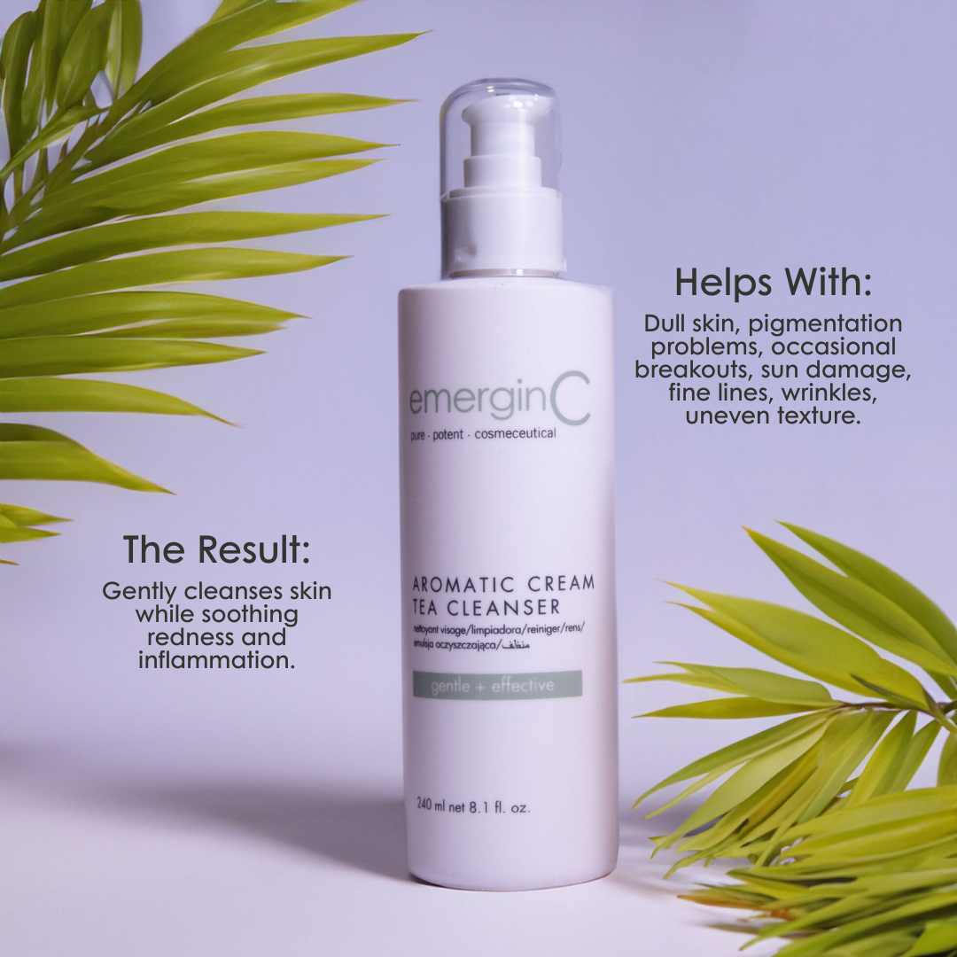 emerginC Aromatic Cream Tea Cleanser 240ml gentle facial cleanser with botanical leaves on a white background. Helps with dull skin, pigmentation, occasional breakouts, sun damage, fine lines and uneven texture.