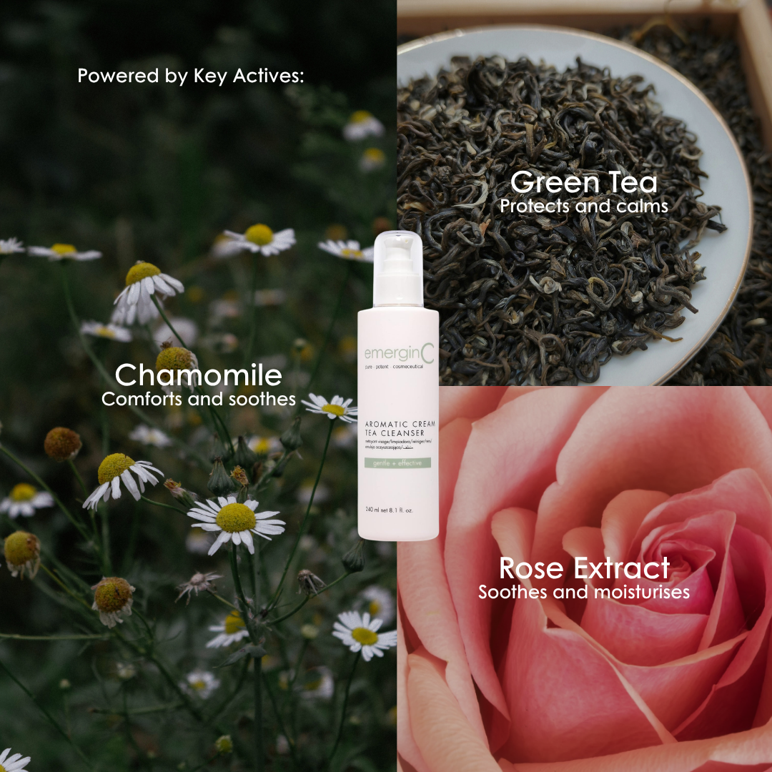 Key ingredients in emerginC Aromatic Cream Tea Cleanser: green tea, chamomile and rose extract.