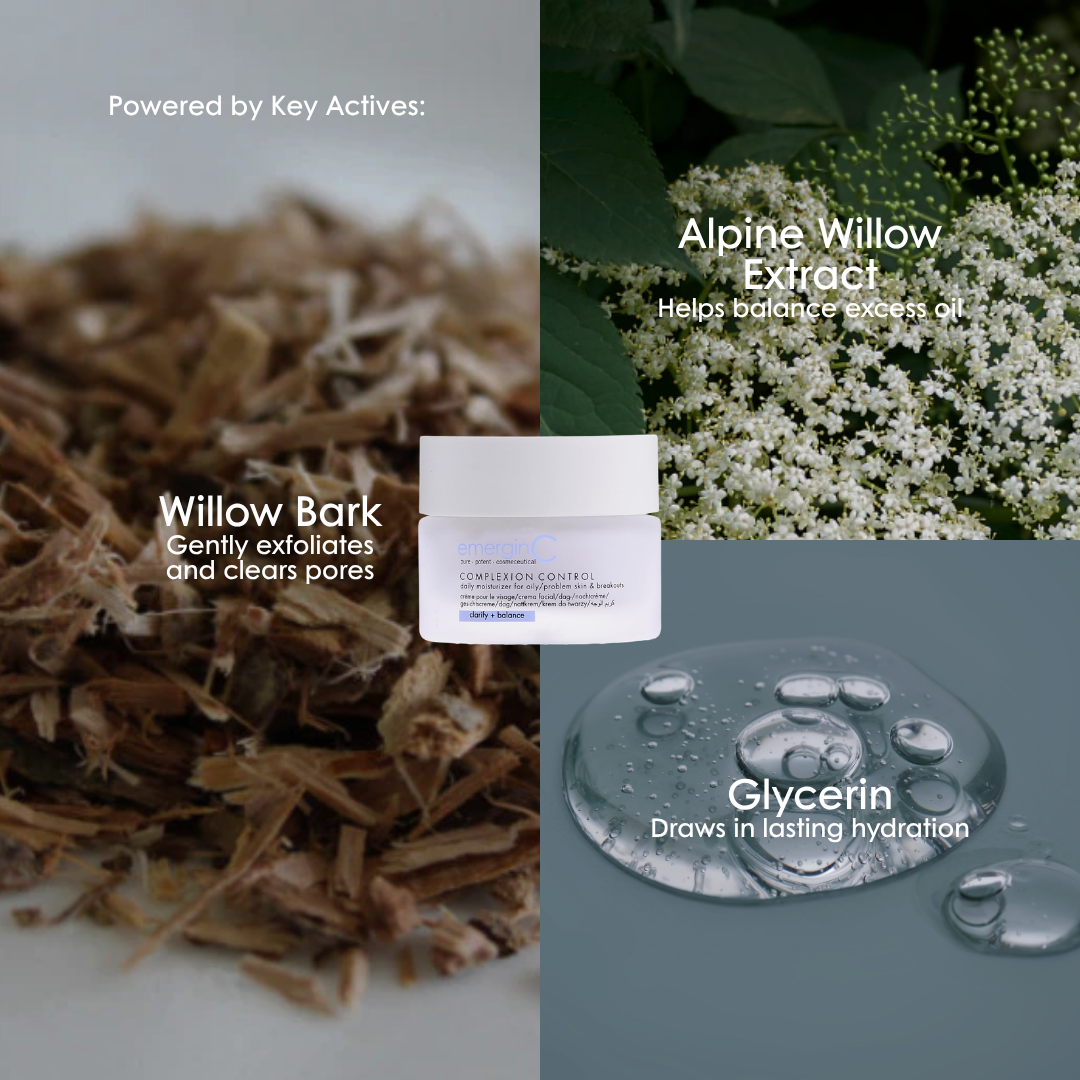 Key ingredients in emerginC Complexion Control: willow bark, alpine willow bark extract and glycerin.
