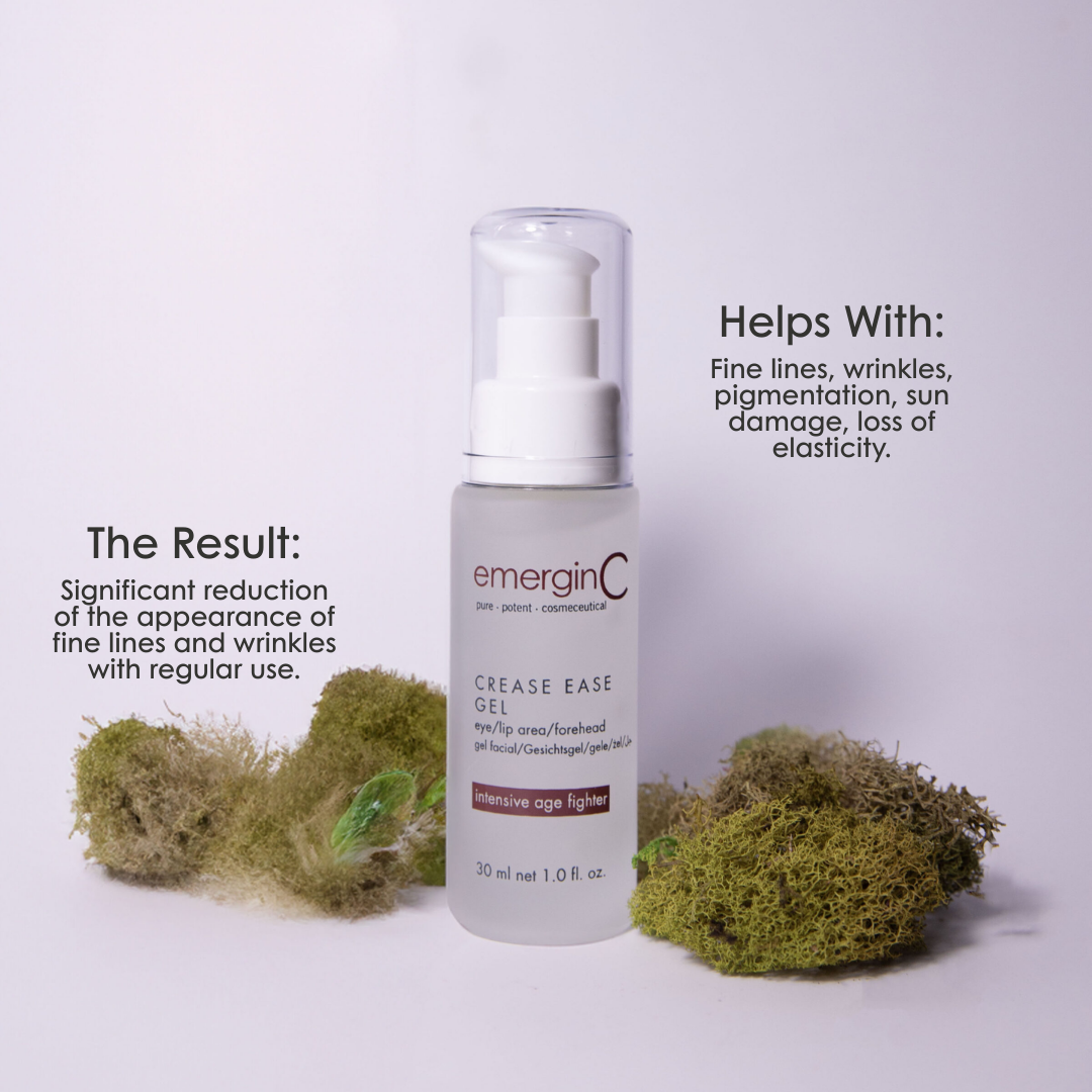 emerginC Crease Ease Gel 30ml anti-aging eye, lip and forehead treatment with moss background. Helps reduce fine lines, wrinkles and loss of elasticity.