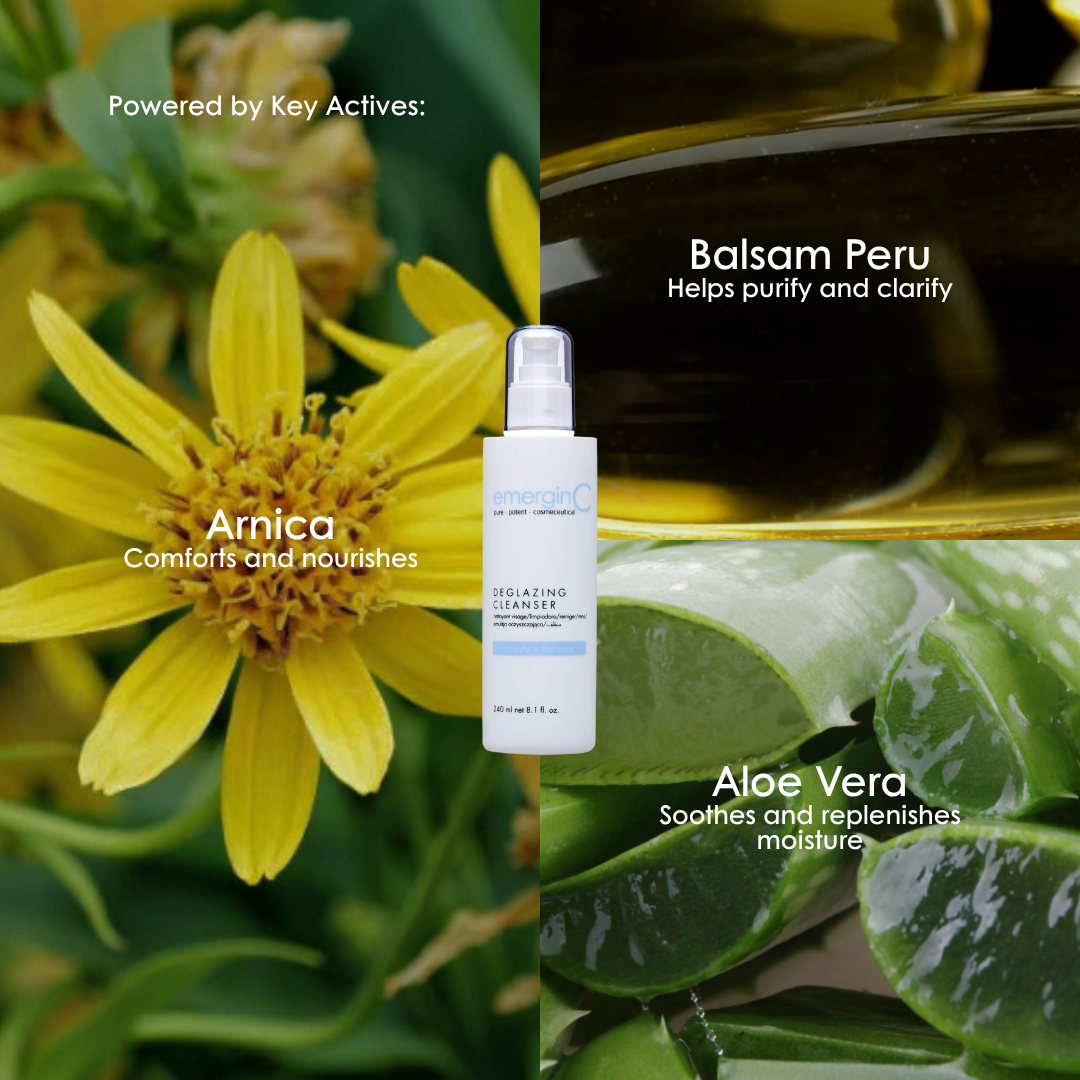Key ingredients in emerginC Deglazing Cleanser: arnica, balsam Peru and aloe vera.