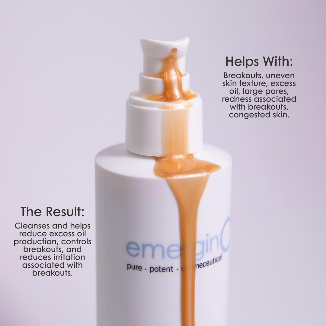 emerginC Deglazing Cleanser facial cleanser with liquid texture dripping from pump. Helps control excess oil, reduce breakouts and calm congested skin.