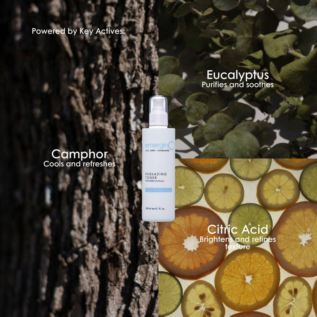 Key ingredients in emerginC Deglazing Toner: camphor, eucalyptus and citric acid.