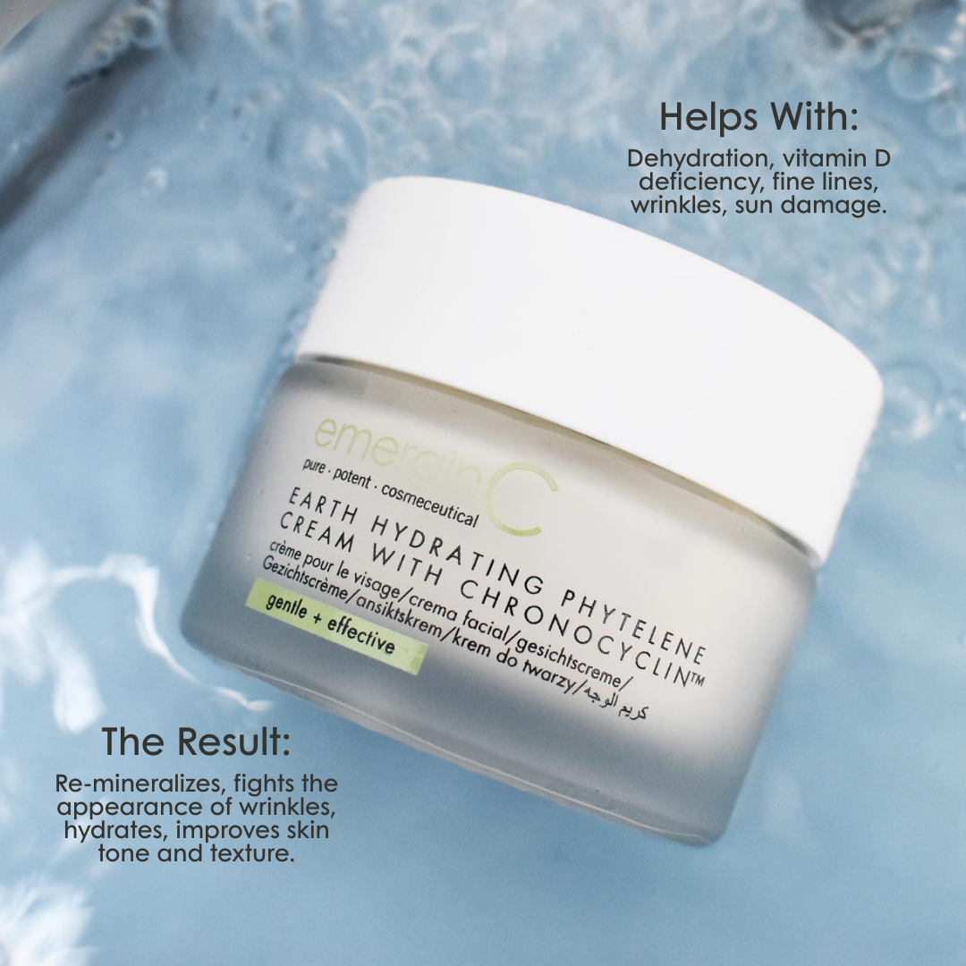 emerginC Earth Hydrating Phytelene Cream with Chronocyclin® moisturiser on a water background. Hydrating face cream that improves skin tone, texture and signs of aging.