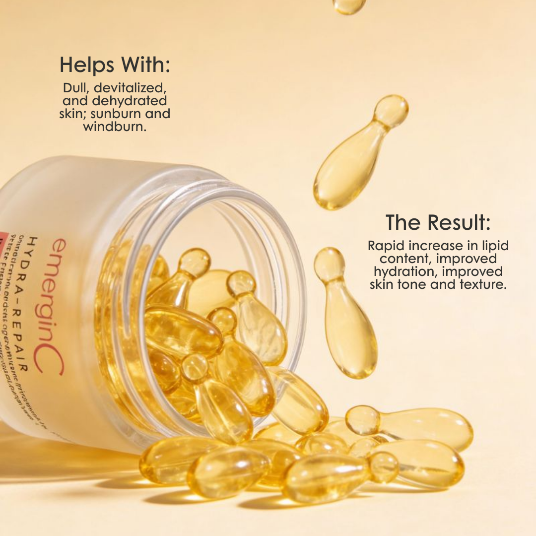 emerginC Hydra-Repair Capsules lipid-rich hydration capsules spilling from jar. Helps restore skin lipids, improve hydration and support smoother skin tone and texture.